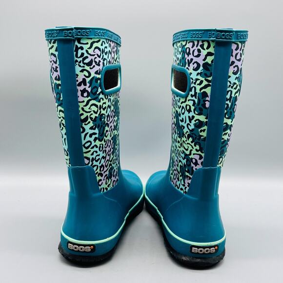 Bogs Boots Youth Girls 3 Blue Leopard Print Waterproof Rain Mid Calf Handles - Picture 6 of 10